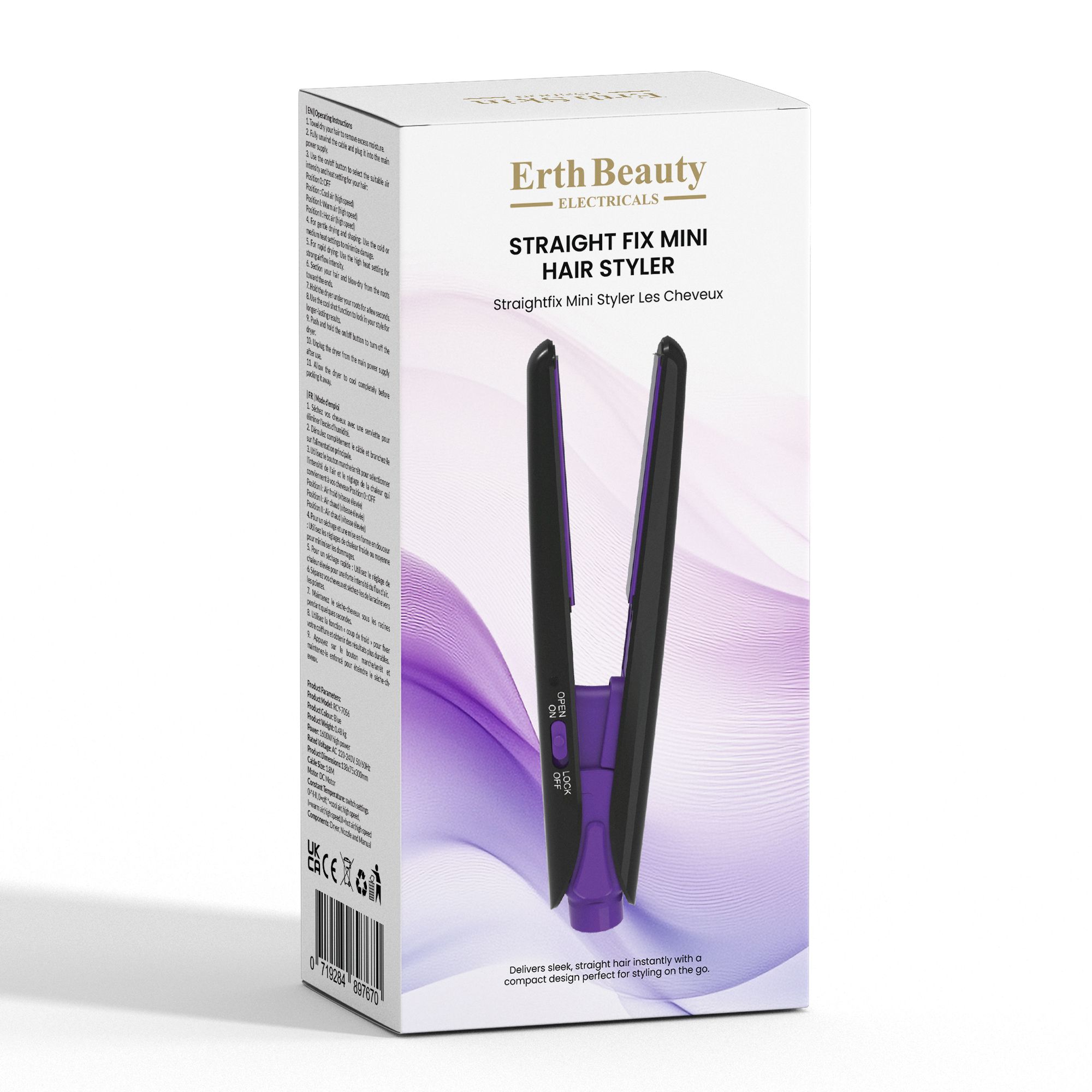 Haarstyler in verpakking. Zwart-paarse mini haarstyler. Tekst: Straight Fix Mini Hair Styler. Merk: Erth Beauty Electricals.
