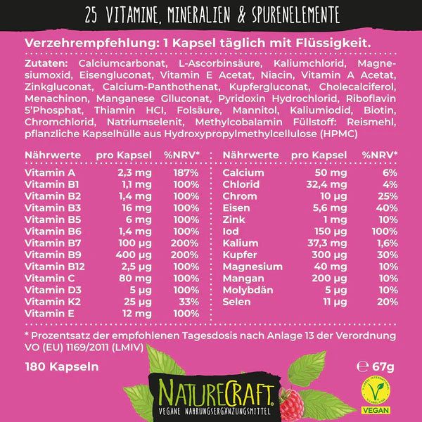 Voedingstabel voor Vegan Multi-Vitaminen. Bevat informatie over vitaminen, mineralen en sporenelementen. Met tekst en percentages.