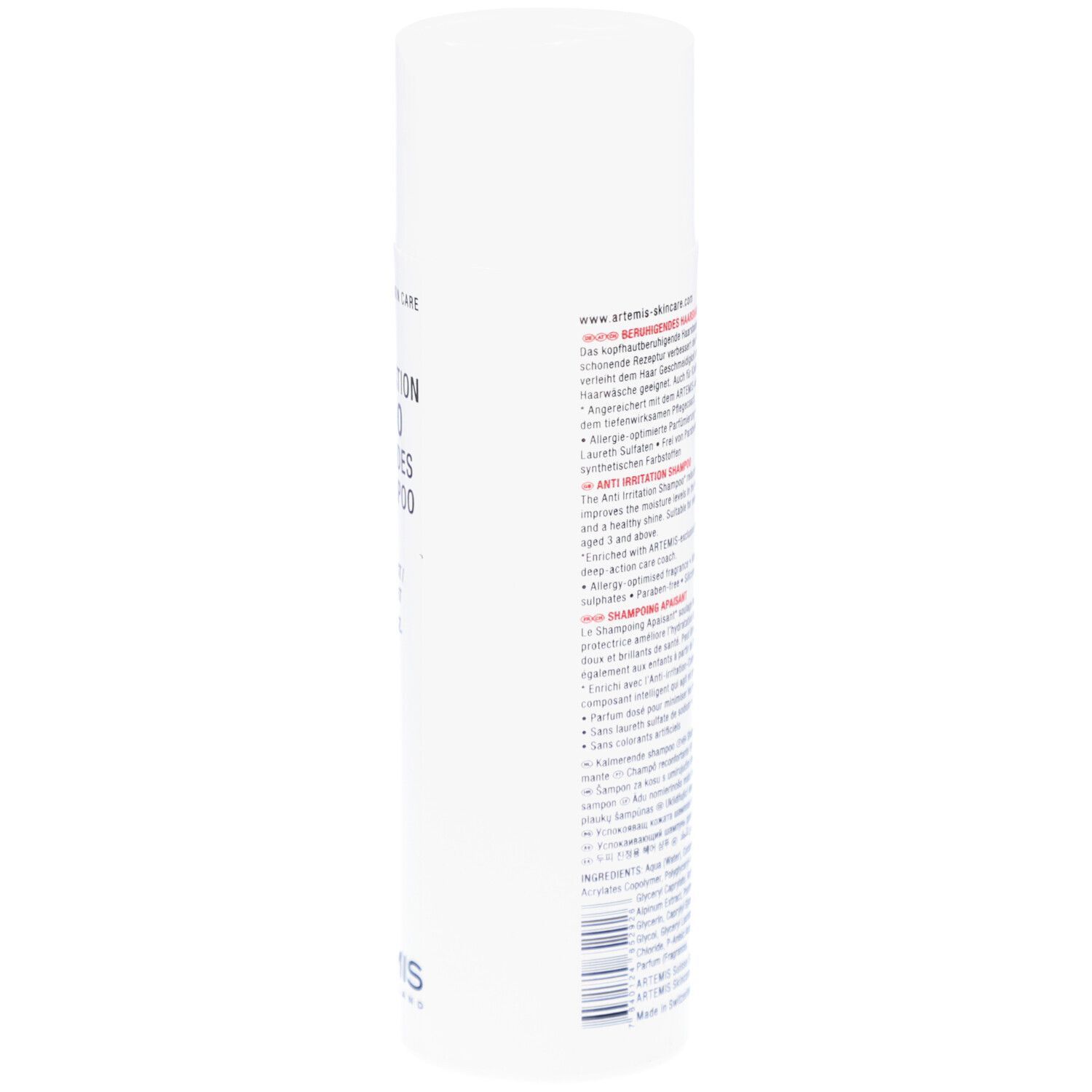 Flacon blanc avec texte rouge et noir. Croix suisse. Nom du produit: Med Anti Irritation Shampoo. Marque: Artemis.