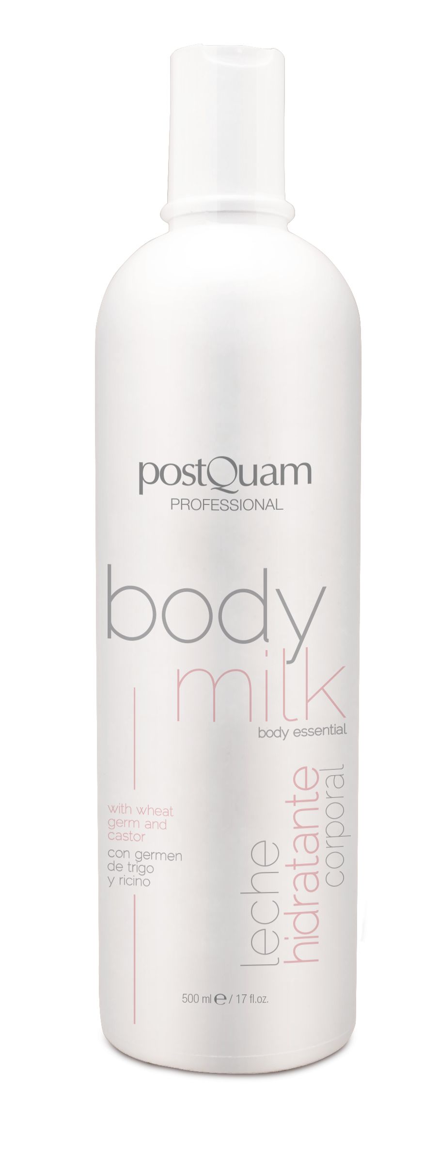 Witte fles "Postquam Professional Body Milk". Tekst: "Leche Hidratante Corporal", "500 ml".