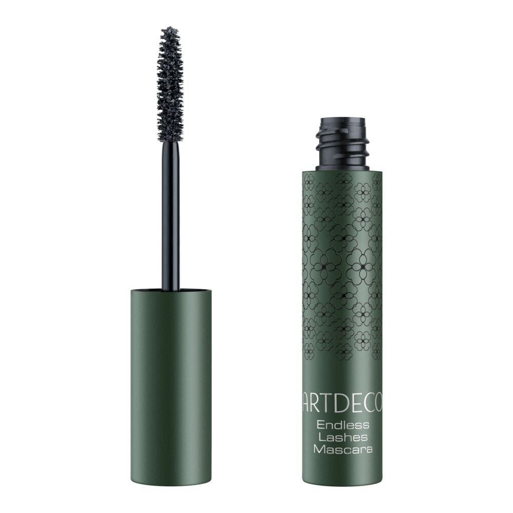 Groene mascarabuis met zwarte borstel. Opschrift: ARTDECO Endless Lashes Mascara. Borstel eruit.
