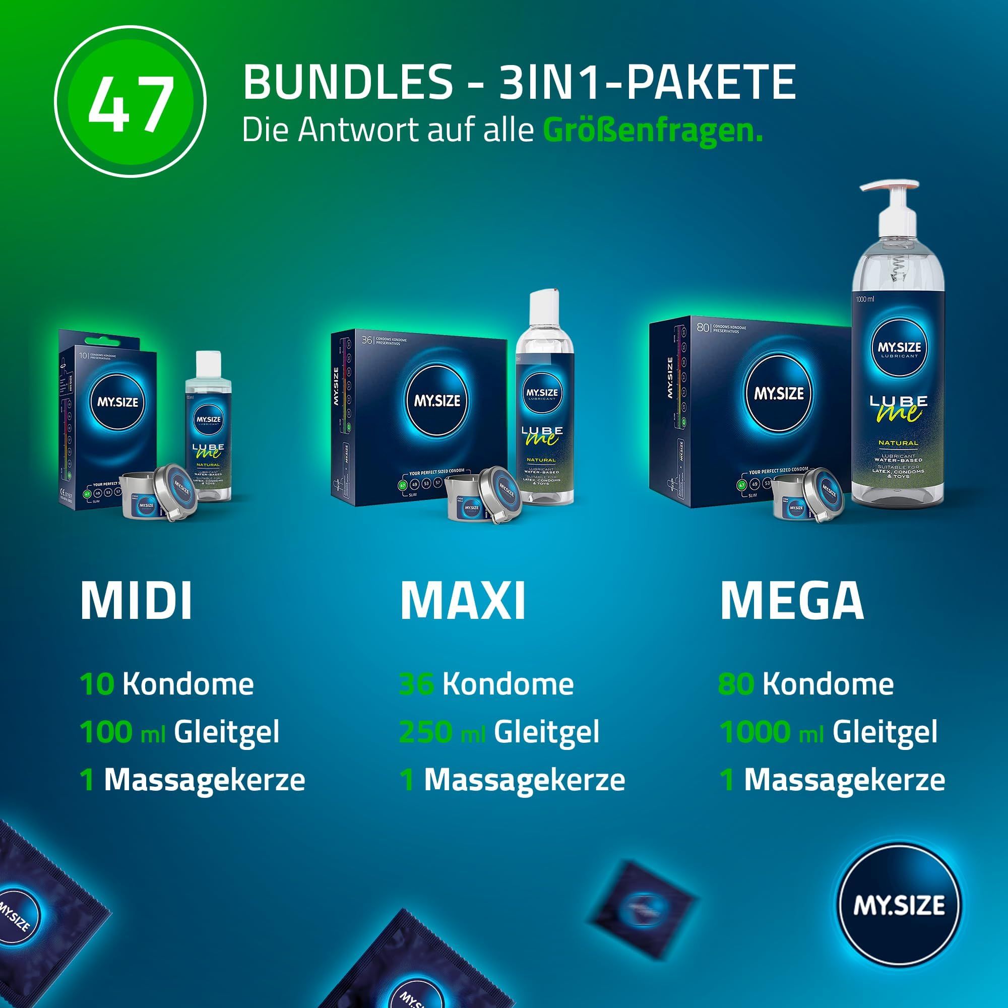 Trois lots de préservatifs et gel lubrifiant : MIDI (10 préservatifs, 100ml de gel), MAXI (35 préservatifs, 250ml de gel), MEGA (80 préservatifs, 1000ml de gel).