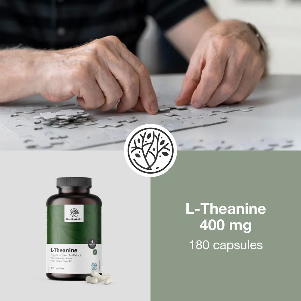 Man puzzelt. Fles met capsules. Opschrift: L-Theanine, 400 mg, 180 capsules. Merk: HealthyWorld.