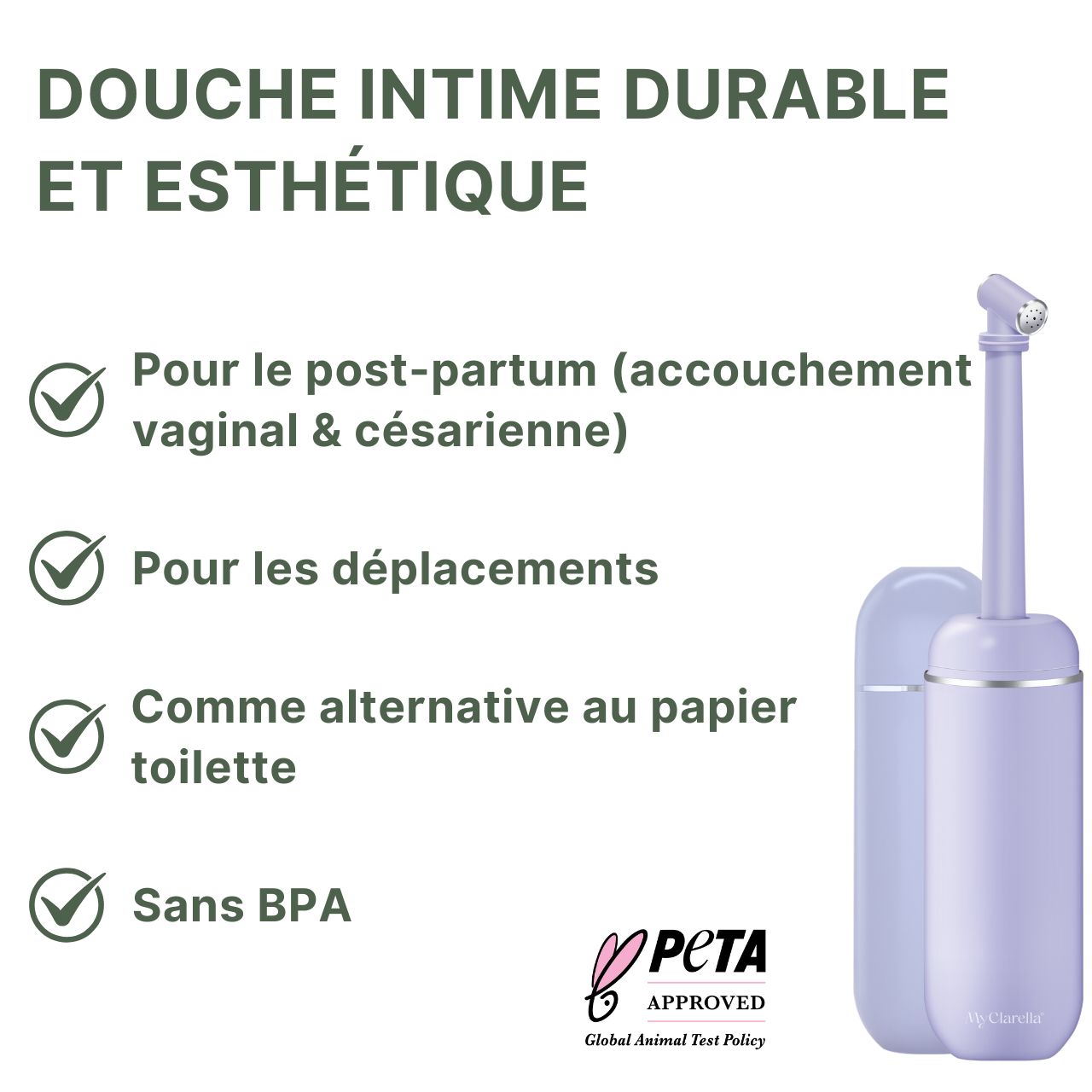 Douche intime violette. Label PETA. Texte: Douche intime durable et esthétique. Pour le post-partum, en déplacement, alternative au papier toilette, sans BPA.
