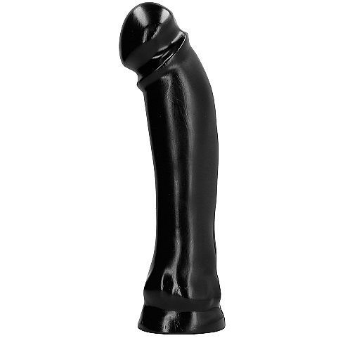 Dildo noir brillant. Forme incurvée, légèrement épaissi. Sur fond clair.