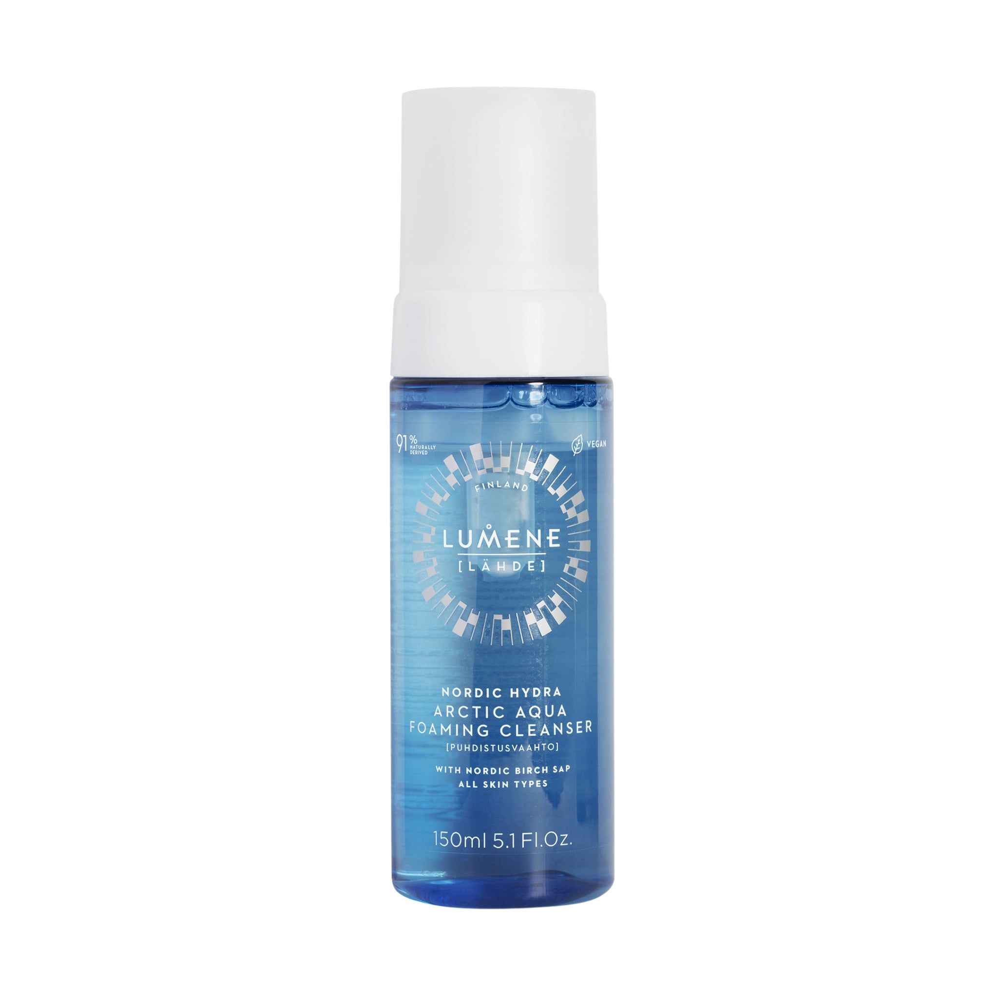 Flacon bleu et blanc avec texte: Lumene [LAHDE] Nordic Hydra Arctic Aqua Foaming Cleanser. 150ml. Vue rapprochée.