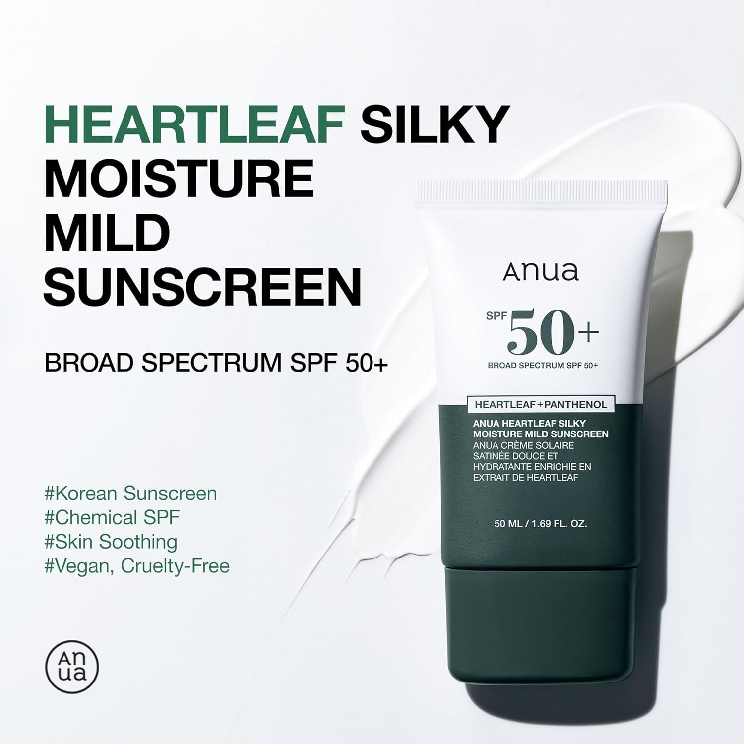 Image publicitaire avec tube et échantillon. Texte: Heartleaf Silky Moisture Mild Sunscreen, Broad Spectrum SPF 50+. Hashtags.