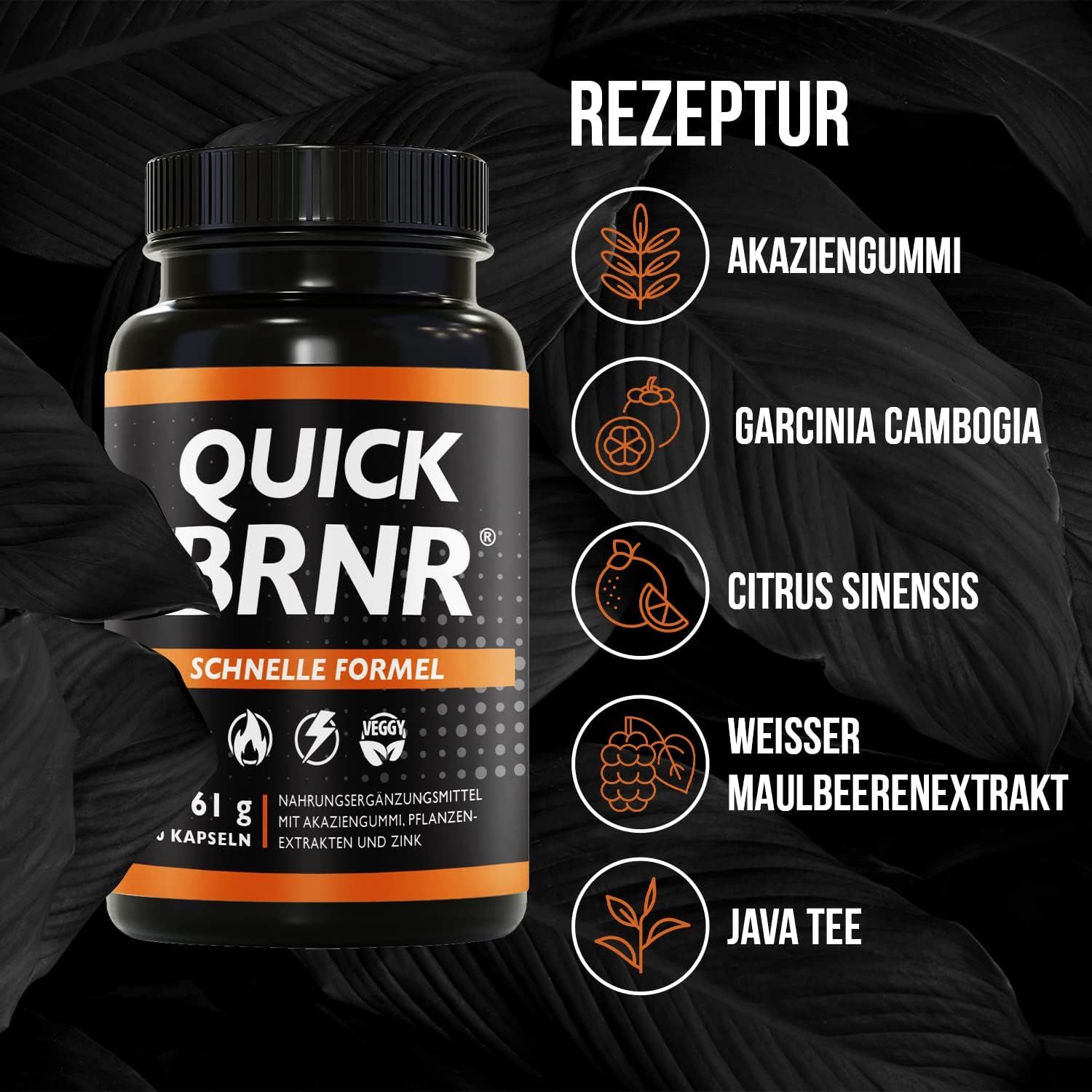 Flacon noir avec étiquette orange. Inscription: QUICK BRNR, Formule rapide. Ingrédients: Gomme d'acacia, Garcinia Cambogia, Citrus Sinensis, etc.