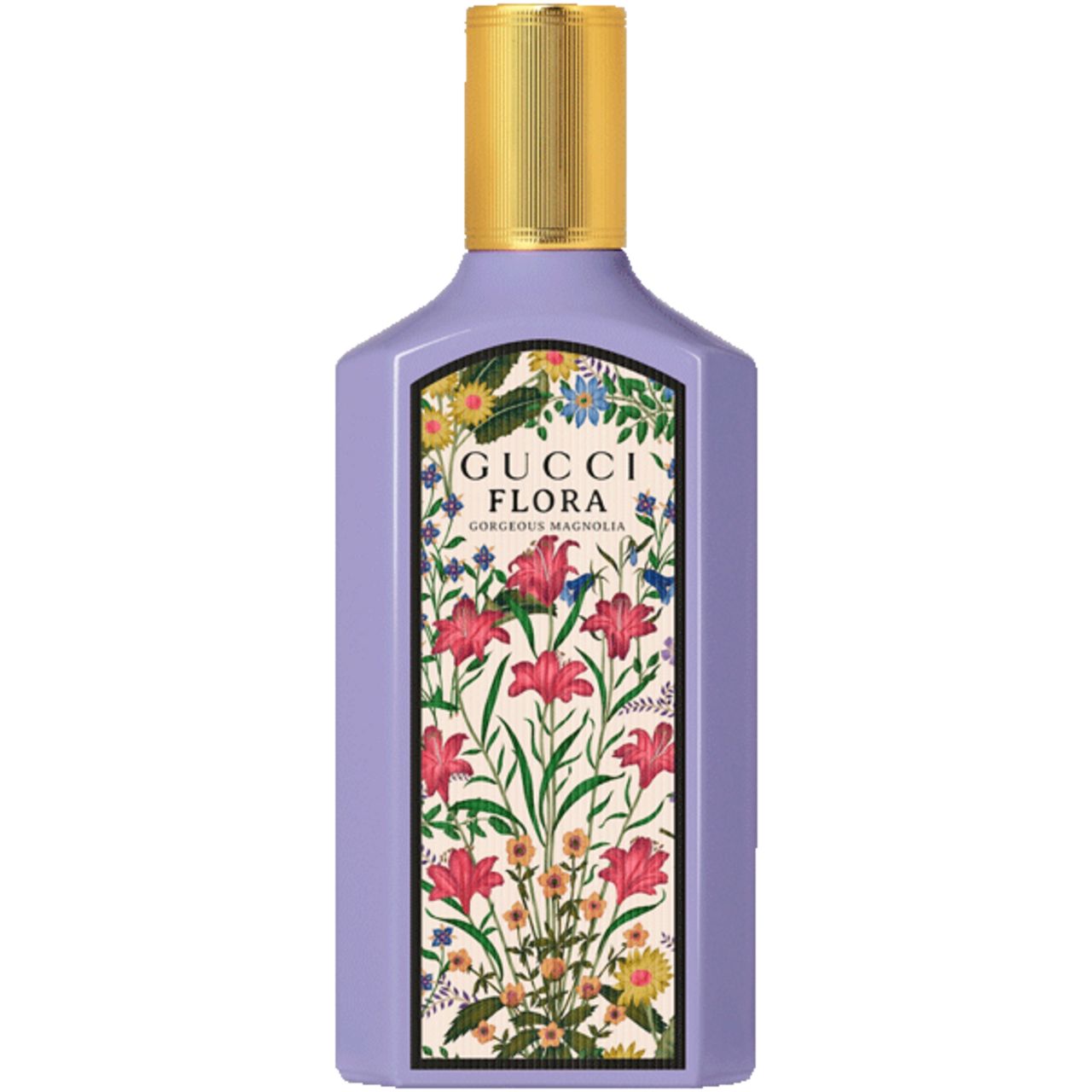 Flacon avec étiquette florale. Bouchon doré. Inscription : Gucci Flora Gorgeous Magnolia.