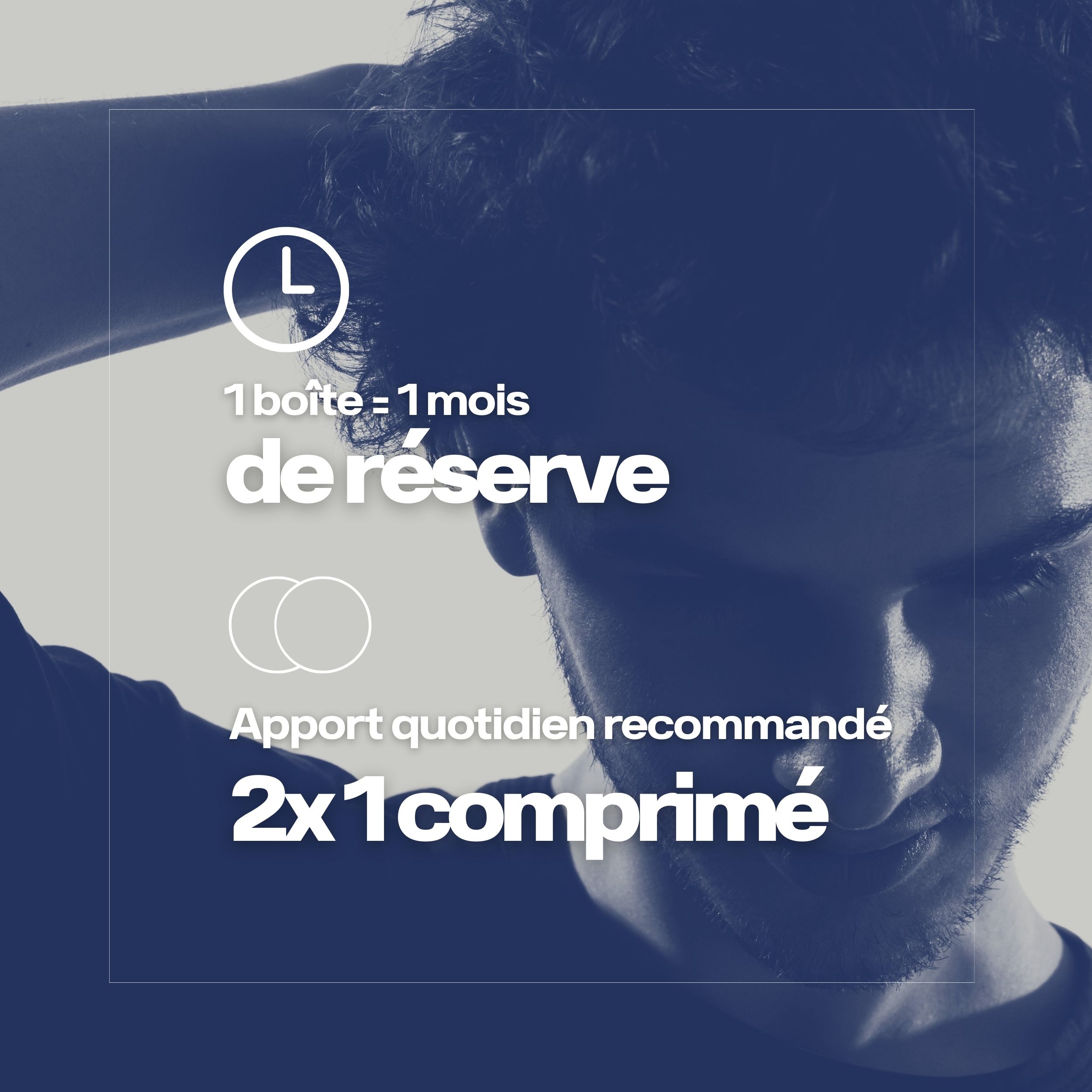 Homme avec la main sur la tête. Texte : 1 boîte = 1 mois de réserve. Dose quotidienne recommandée : 2x1 comprimé.