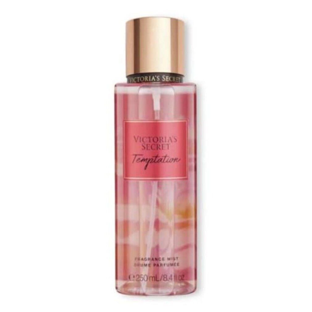 Vaporisateur de brume parfumée Victoria's Secret Temptation. Flacon rose avec bouchon doré. Texte : Victoria's Secret, Temptation.