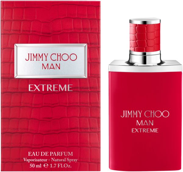 Flacon et emballage rouges Jimmy Choo Man Extreme Eau de Parfum. Inscription : Jimmy Choo Man Extreme, Eau de Parfum. Accents argentés.