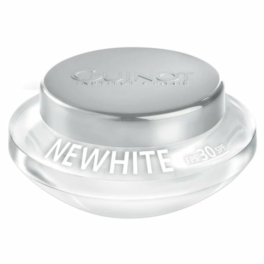 Crèmepot met zilveren deksel. Op de pot staat "NEWWHITE" en "SPF 30". De deksel draagt de tekst "GUINOT".
