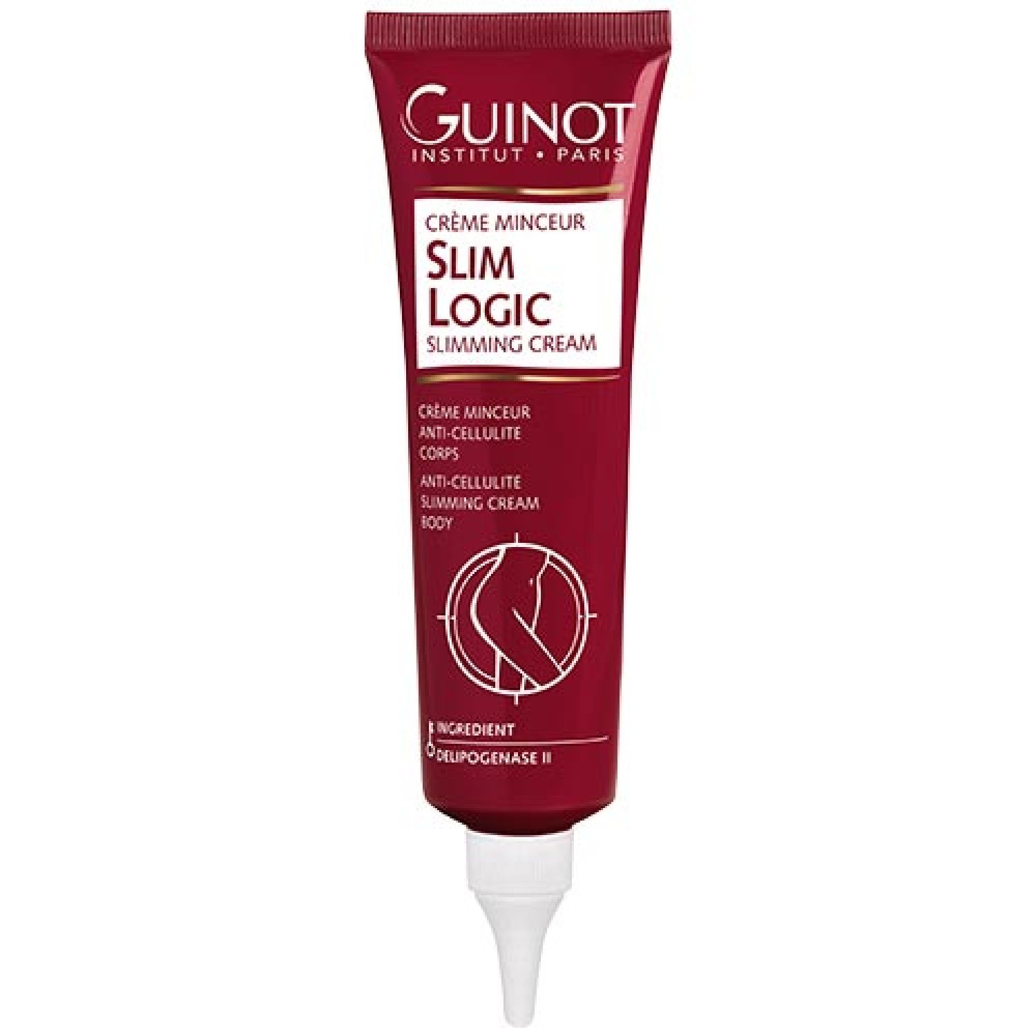 Rode tube met witte applicator. Tekst: Guinot, Crème Minceur Slim Logic, Anti-Cellulite, Body. Illustratie van een vrouw.