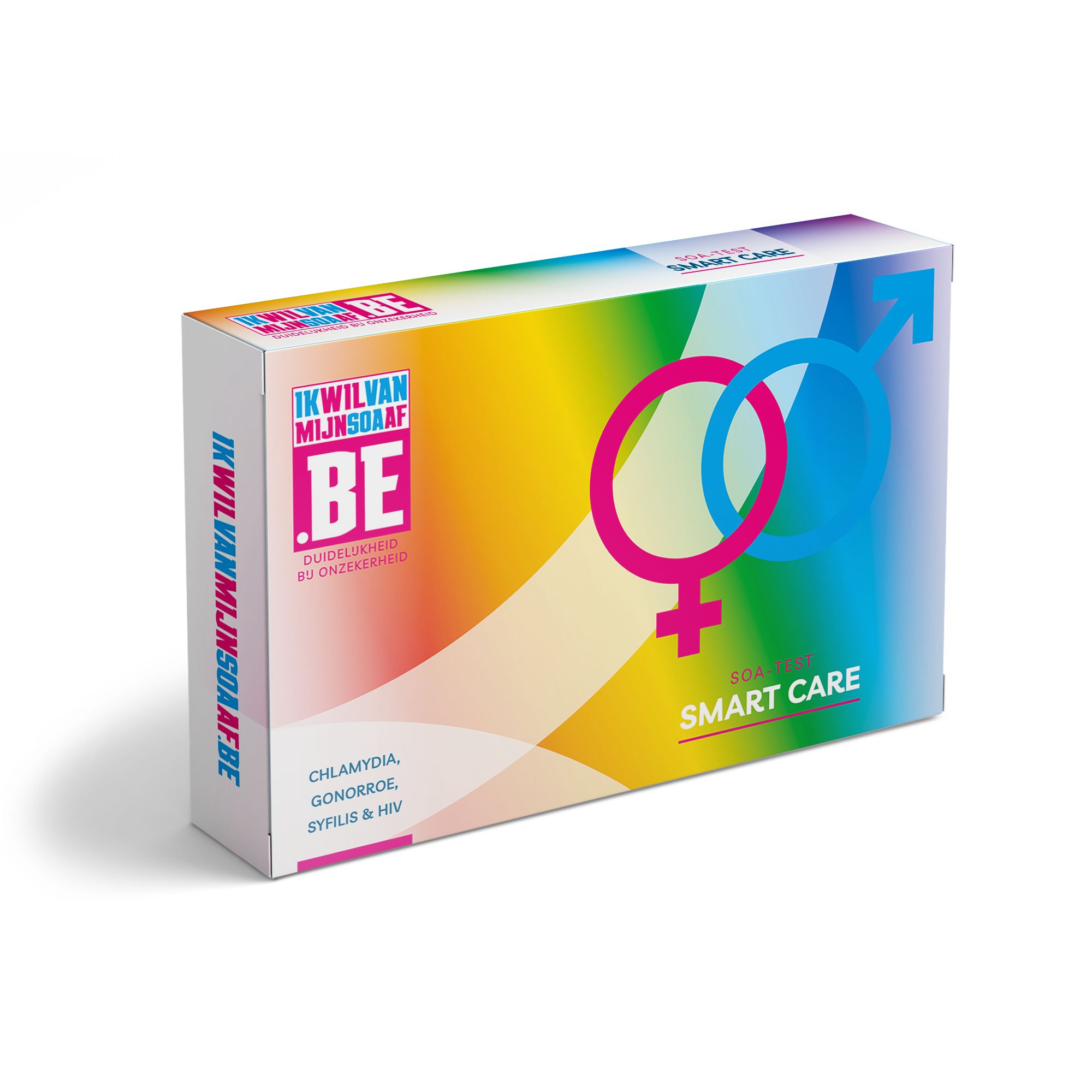 Boîte avec fond arc-en-ciel. Texte: IKWILMIJNSOAAFB, SMART CARE. Contient Chlamydia, Gonorrhée, Syphilis & VIH.