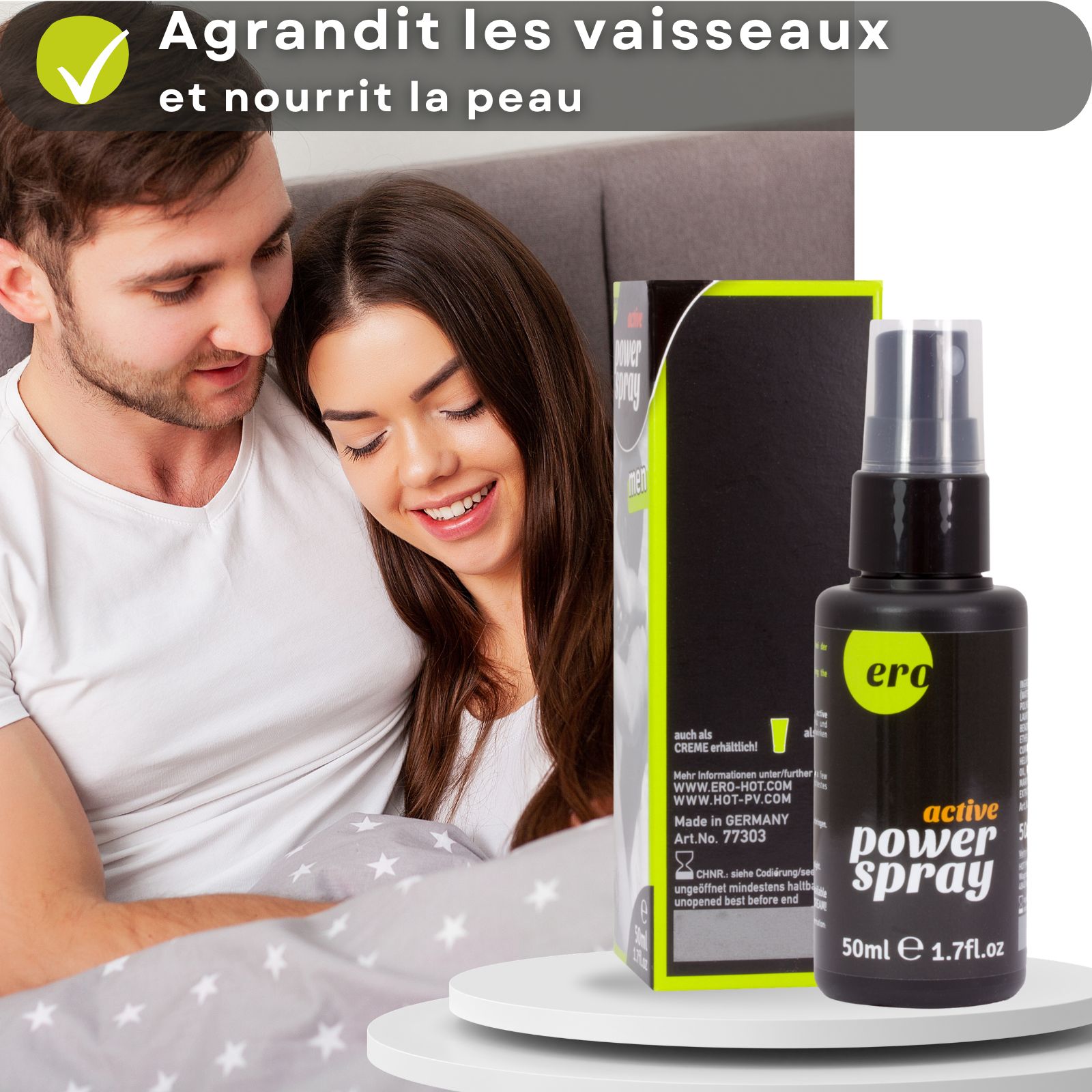 Flacon et emballage du produit. Couple au lit. Texte : Agrandit les vaisseaux et nourrit la peau.