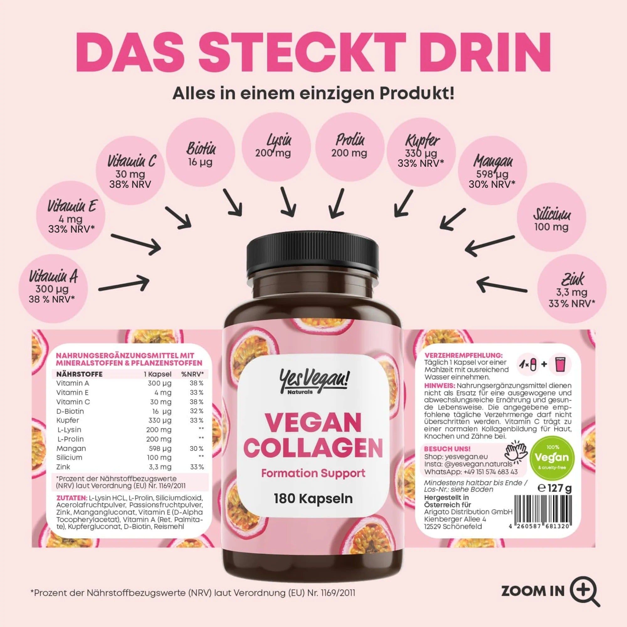 Fles met 180 veganistische collageencapsules. Bevat een voedingswaardetabel en somt ingrediënten op zoals Vitamine C, Biotine en Lysine.