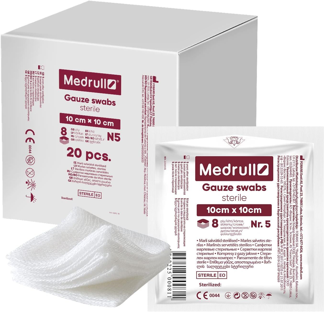 Medrull gaaskompressen, 10x10cm, 20 stuks in doos, individueel verpakte kompressen.