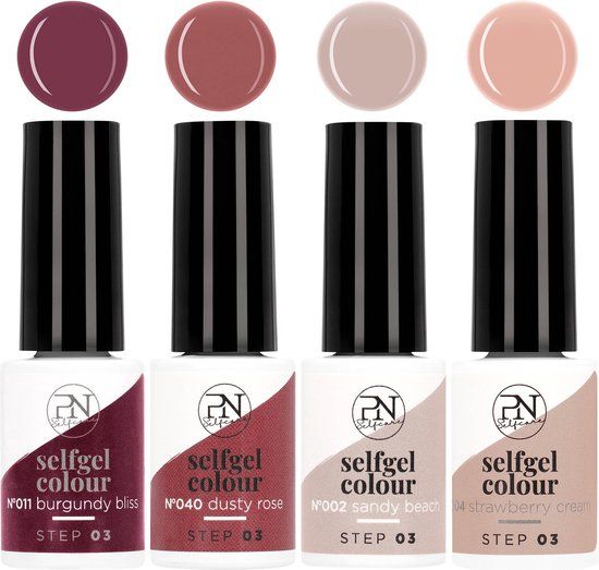 Quatre vernis à ongles de couleurs variées. Échantillons de couleurs en haut, flacons en dessous avec bouchons noirs. Inscription: selfgel colour, Step 03.