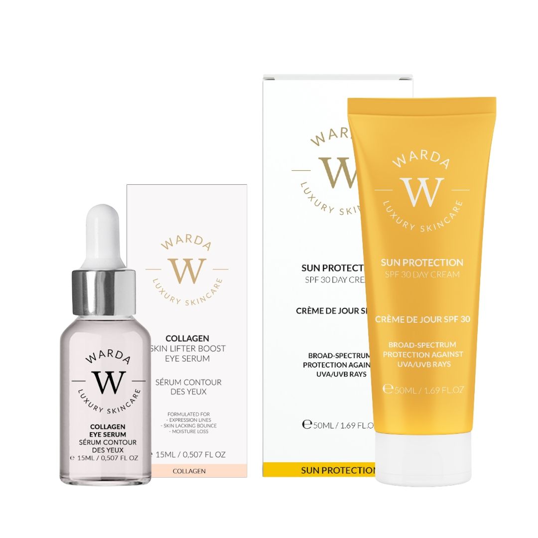 Warda Luxury Skincare producten: Collageen serum, dagcrème SPF 30. Fles, tube, verpakking. Wit, geel, zilver. Tekst.