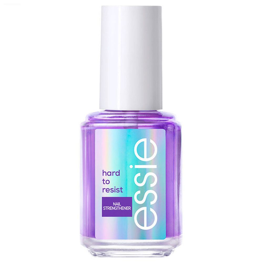 Flacon Essie Hard to Resist. Vernis violet, bouchon blanc, étiquette holographique. Marque et nom du produit visibles.