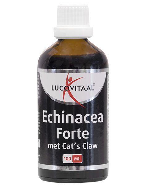 Bruine glazen fles van Lucovitaal Echinacea Forte met Cat's Claw. Bevat een vloeistof. Witte dop.