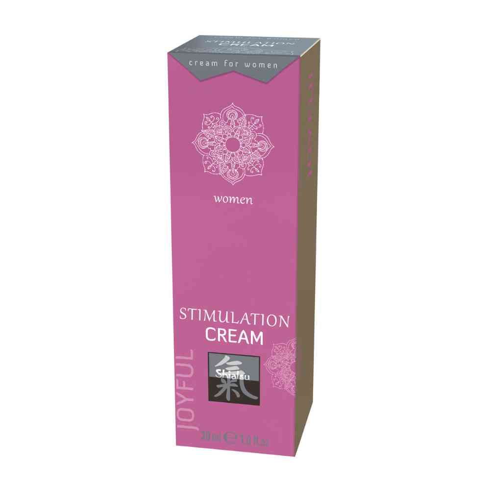 Boîte avec inscription : Stimulation Cream, Shiatsu, women. Couleurs rose et argent. 30 ml.