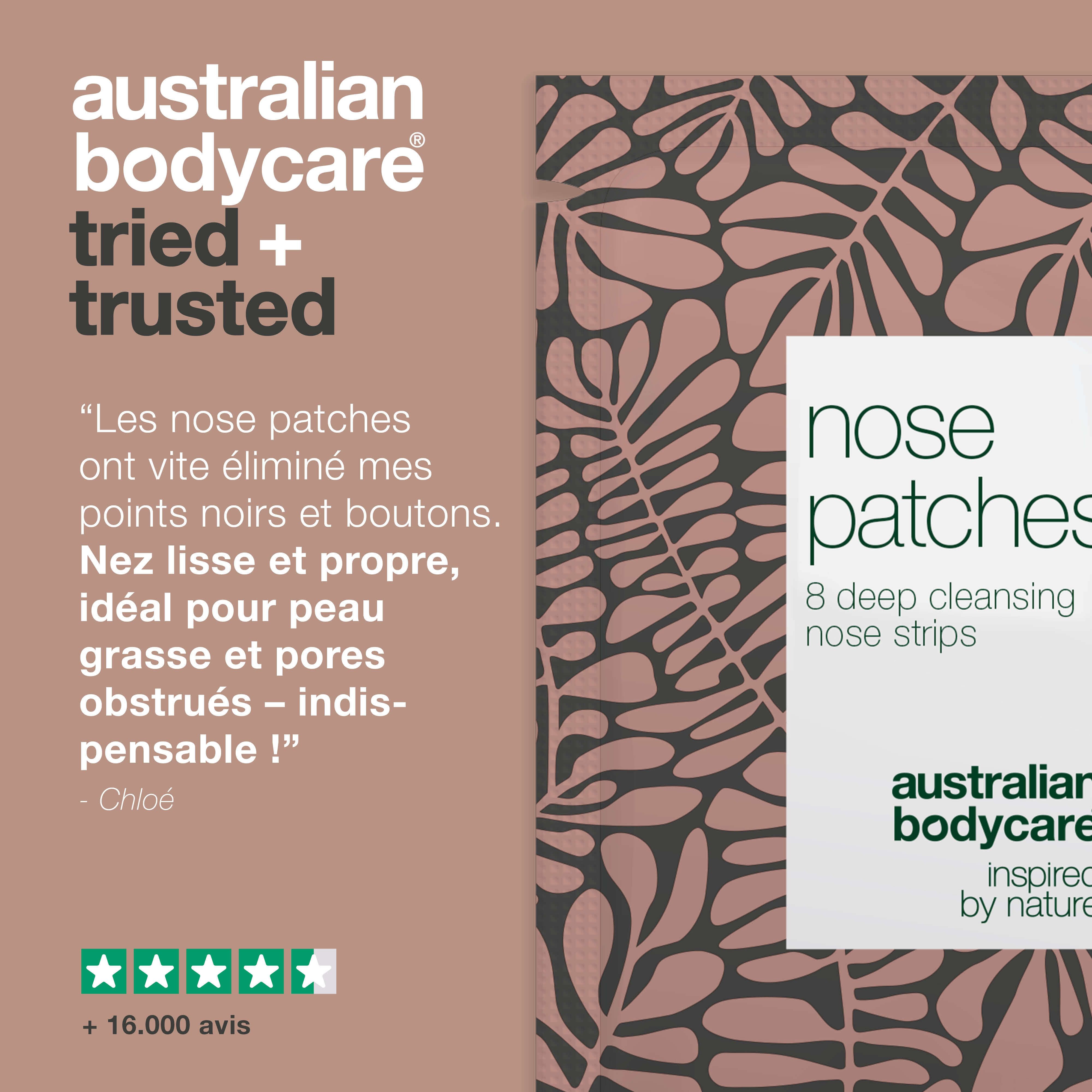 Texte: Australian Bodycare. Témoignage. Les patchs éliminent les points noirs et boutons. Idéal pour peau grasse.