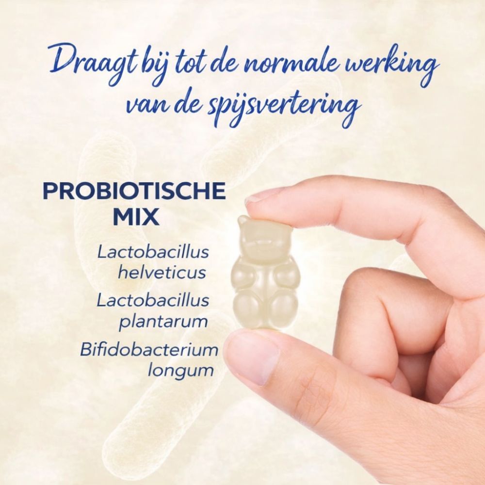 Hand houdt een lichte gummybeer vast. Tekst: Probiotische mix, Lactobacillus helveticus, Lactobacillus plantarum, etc.
