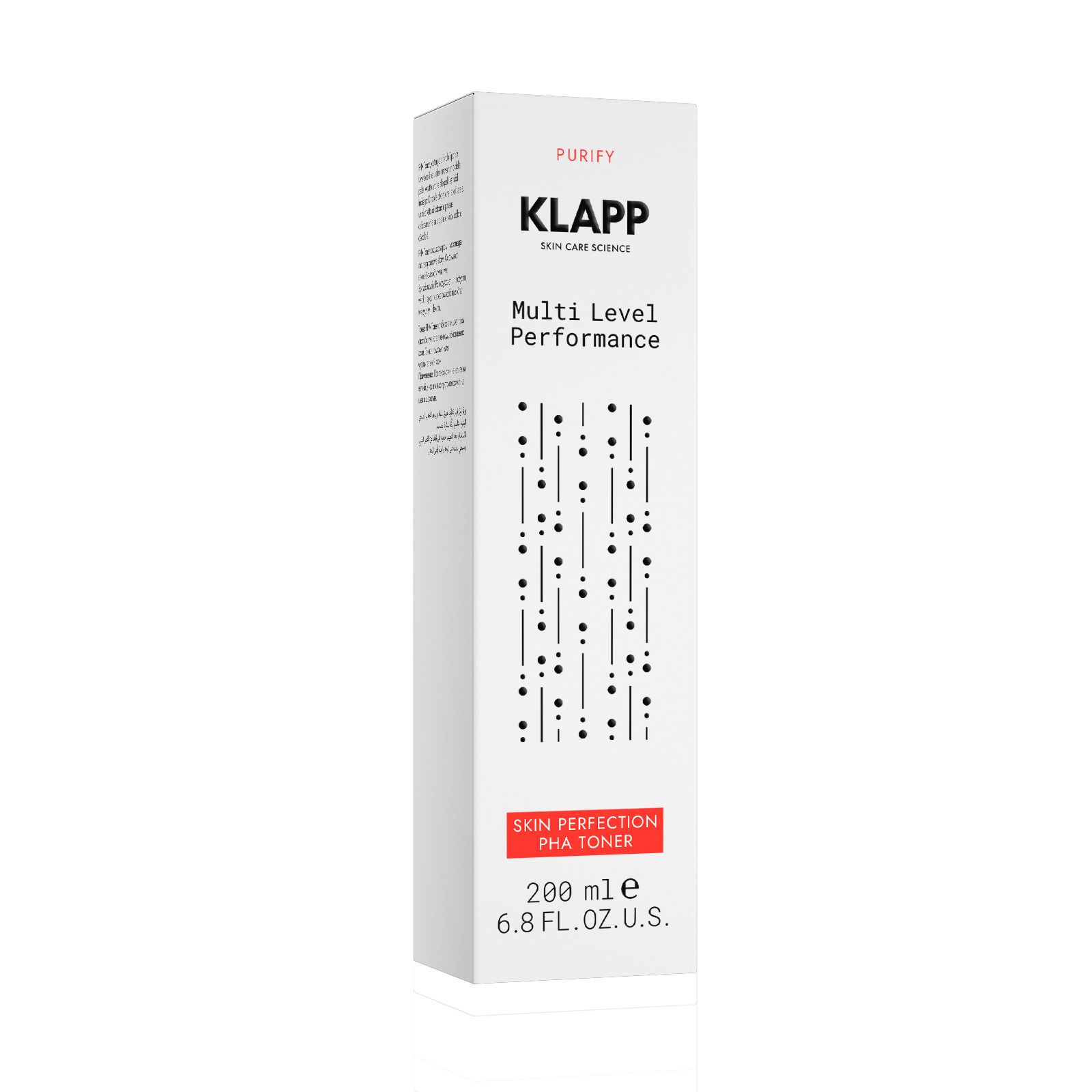 KLAPP doos met 'PURIFY', 'KLAPP', 'Multi Level Performance', 'SKIN PERFECTION PHA TONER', 200 ml.