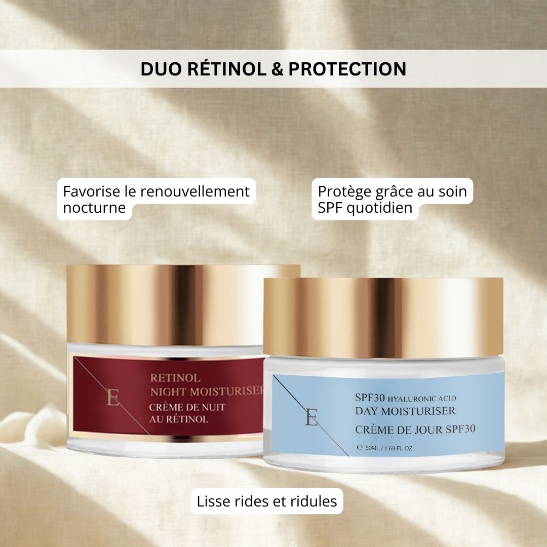 Deux pots de crème avec couvercles dorés. À gauche : étiquette rouge, "Retinol Night Moisturiser". À droite : étiquette bleue, "SPF30 Hyaluronic Acid Day Moisturiser". Texte : "Duo Rétinol & Protection".