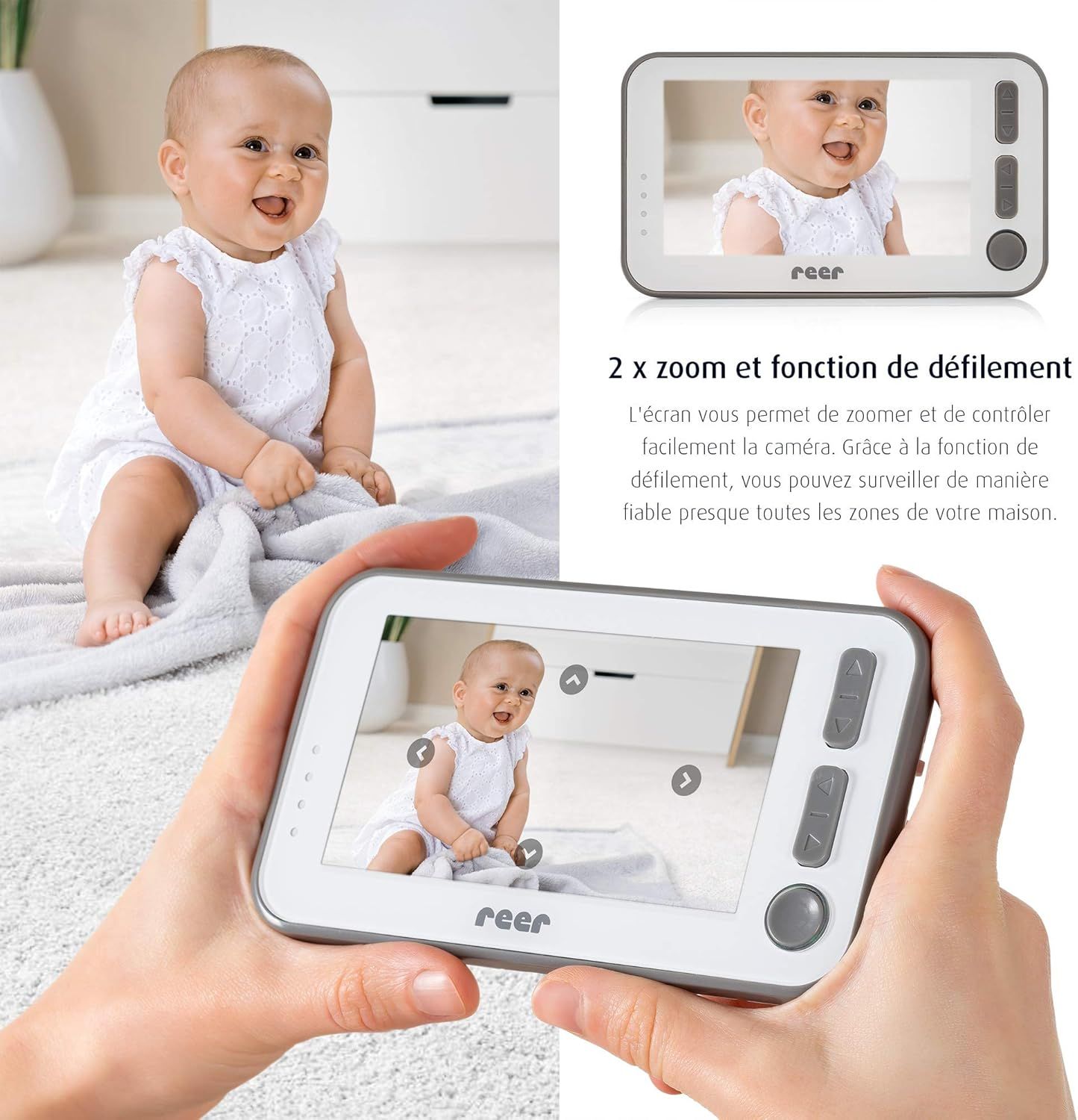 Un moniteur de babyphone affichant un bébé et des commandes.