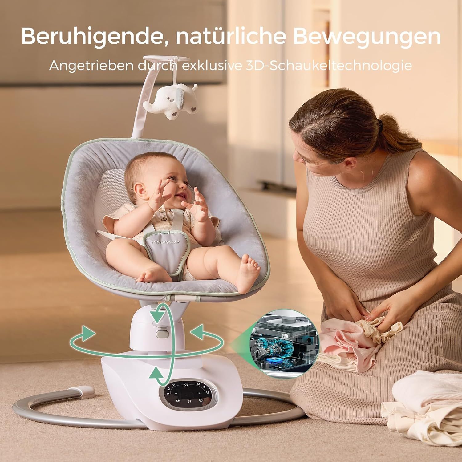 Babywipper met baby en moeder, 3D-schommeltechnologie.