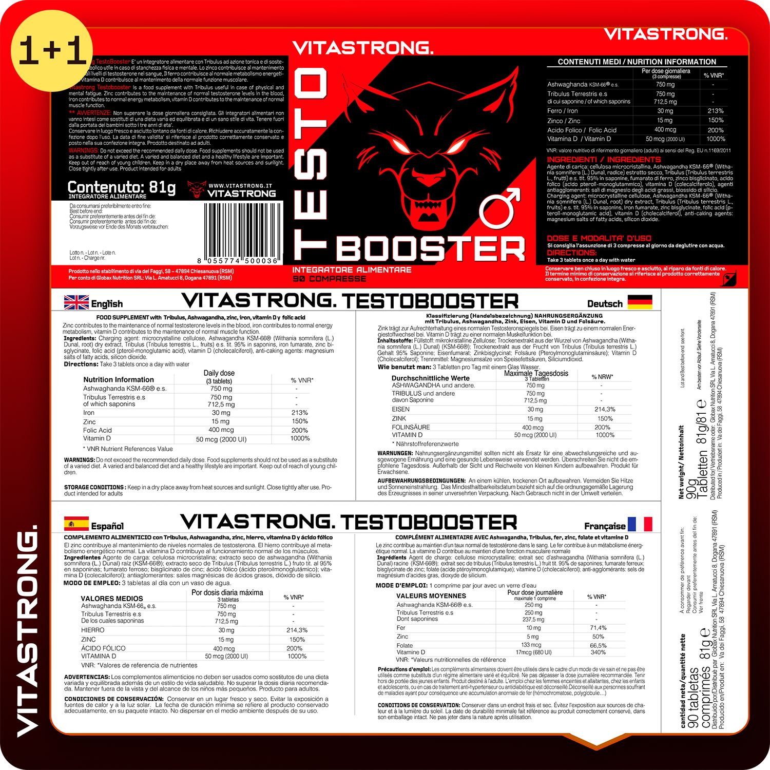 Dos de l'emballage de TESTO BOOSTER. Contient des informations nutritionnelles en plusieurs langues. Offre 1+1.