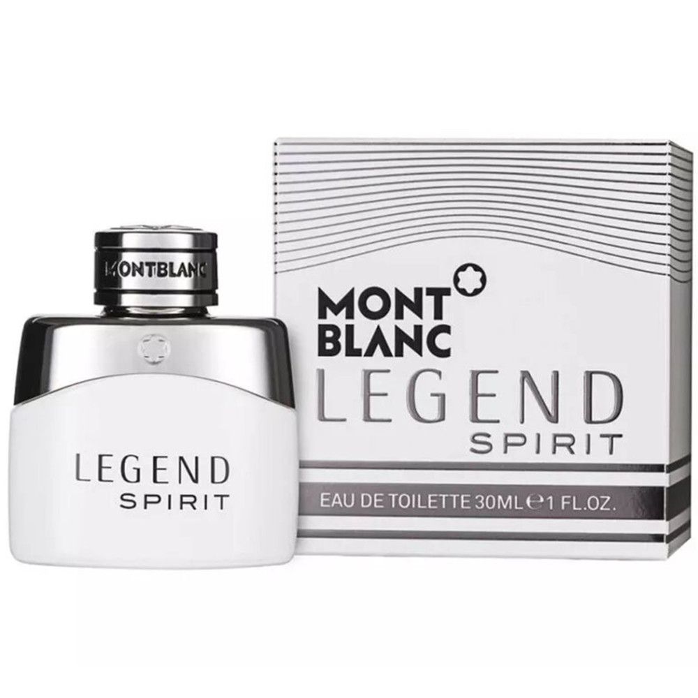 Flacon blanc avec bouchon argenté et emballage. Inscription: MONTBLANC LEGEND SPIRIT. Eau de Toilette.