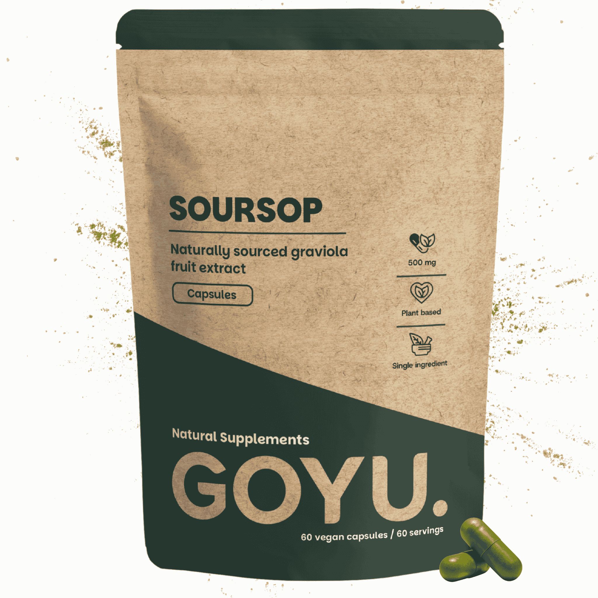 Bruine zak met Soursop-capsules, 500 mg. Bevat 60 vegan capsules.