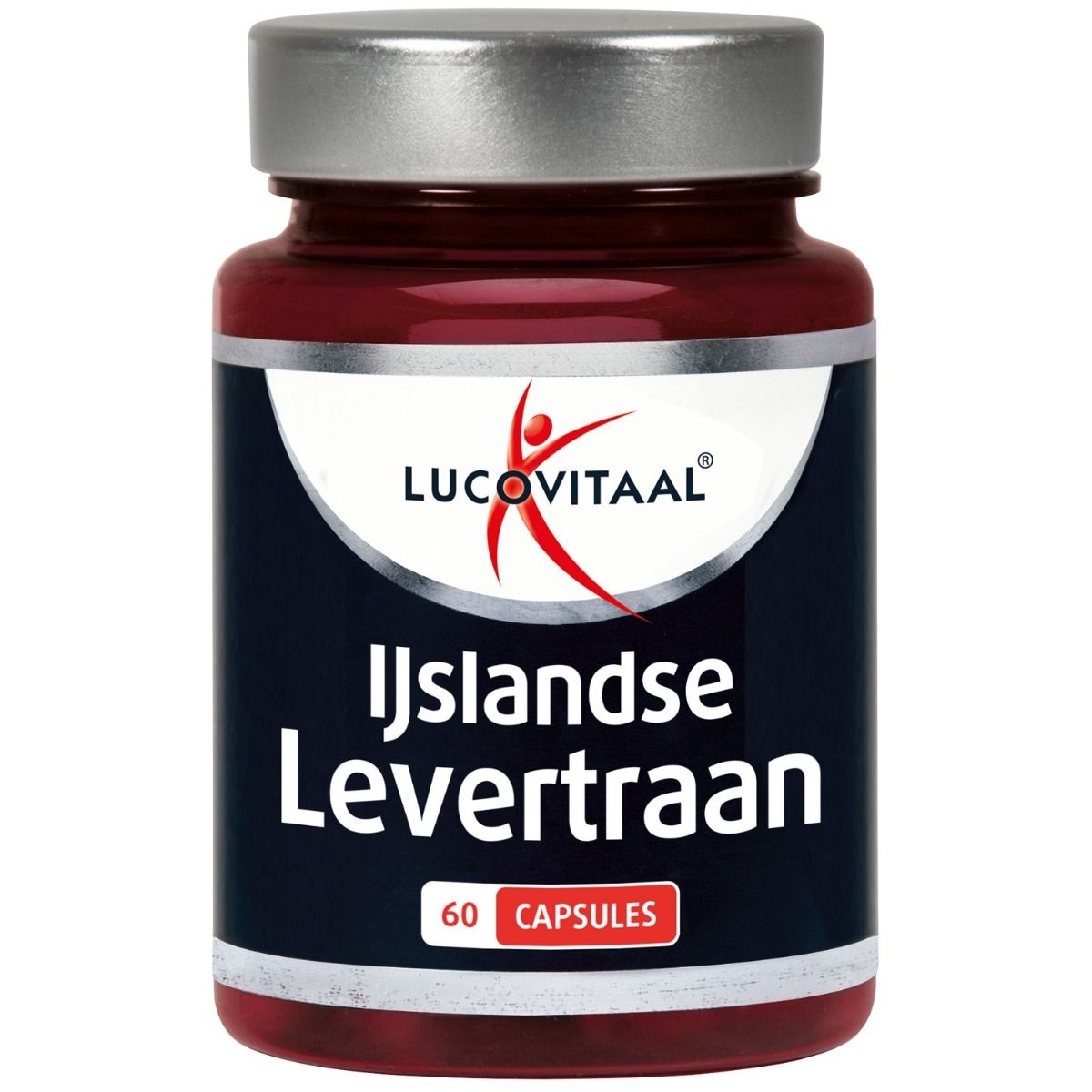 Bruine fles Lucovitaal IJslandse Levertraan. Zilveren deksel. Bevat 60 capsules.