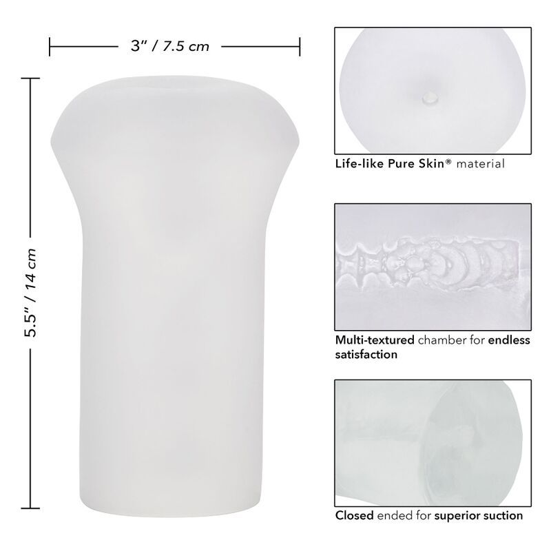Witte, getextureerde masturbator, 14 cm lang, 7,5 cm breed. "Life-like Pure Skin" materiaal.