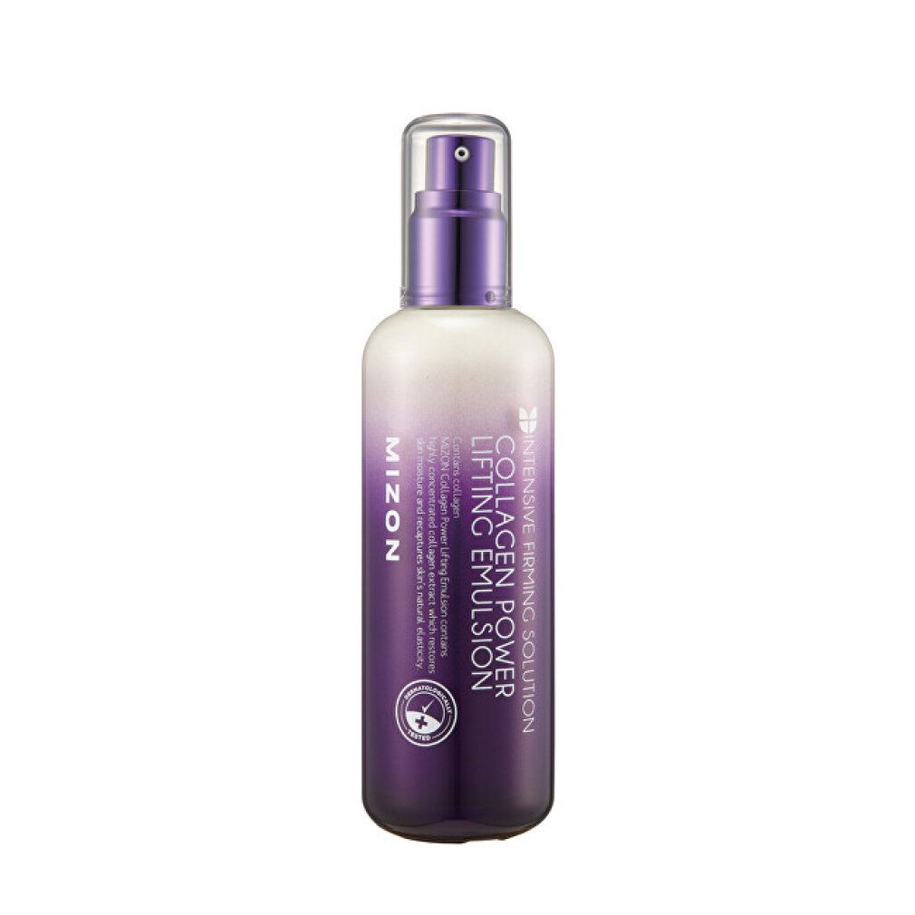 Fles MIZON Collagen Power Lifting Emulsion. Wit-paarse gradiënt, sproeikop. Tekst: Intensive Firming Solution.