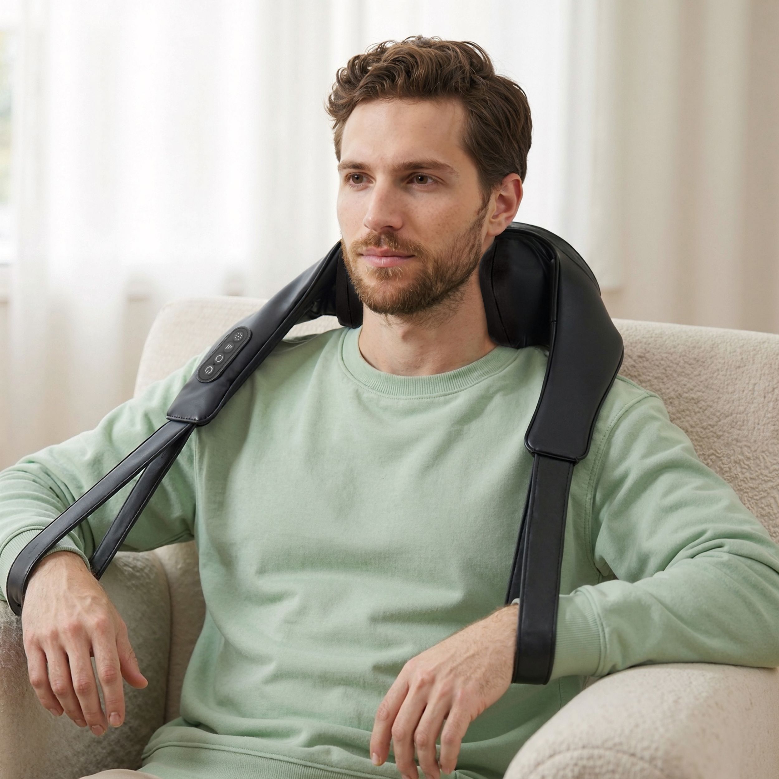 Man zit met een zwarte nekmassager. Het apparaat heeft twee schouderbanden.