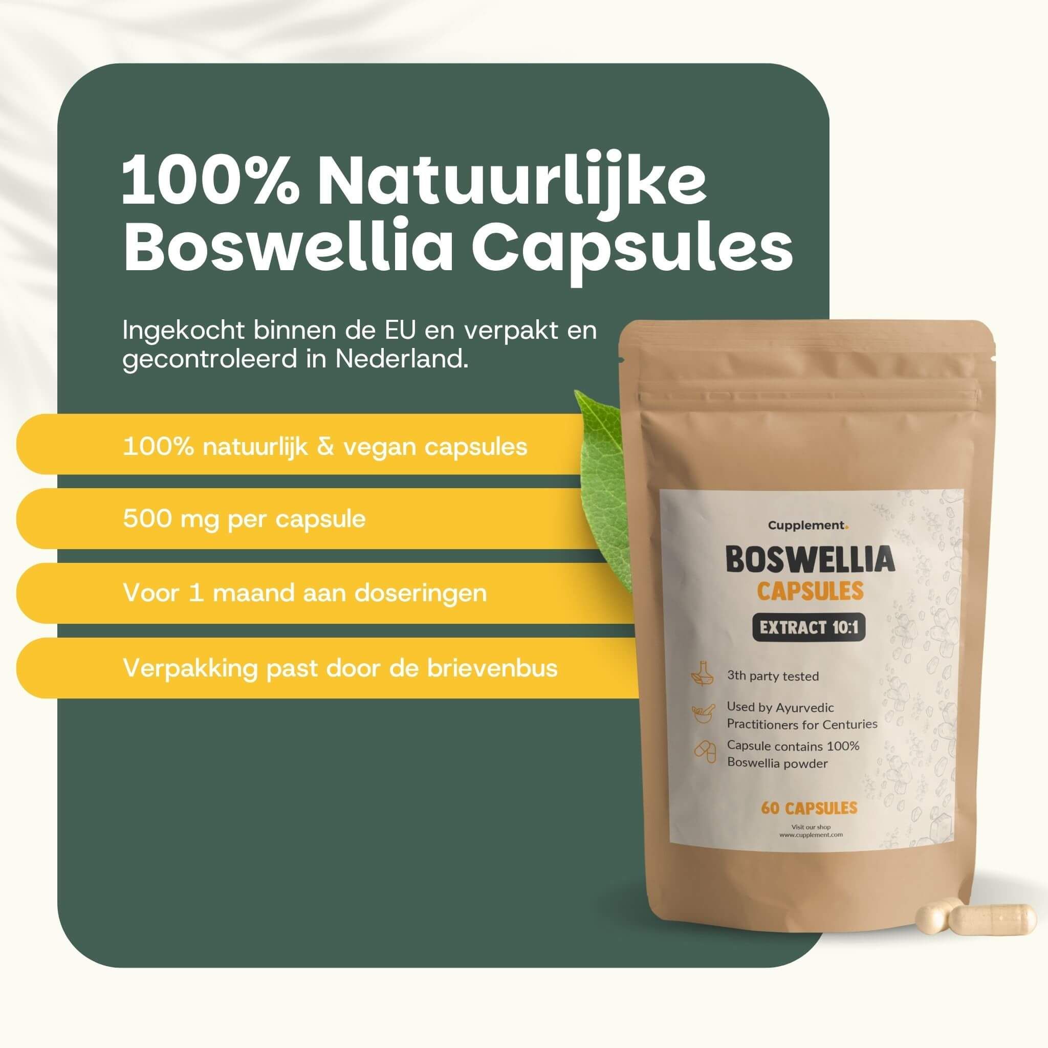 Bruine zak Boswellia capsules. Tekst: 100% natuurlijke Boswellia capsules. 500 mg per capsule. 60 capsules.