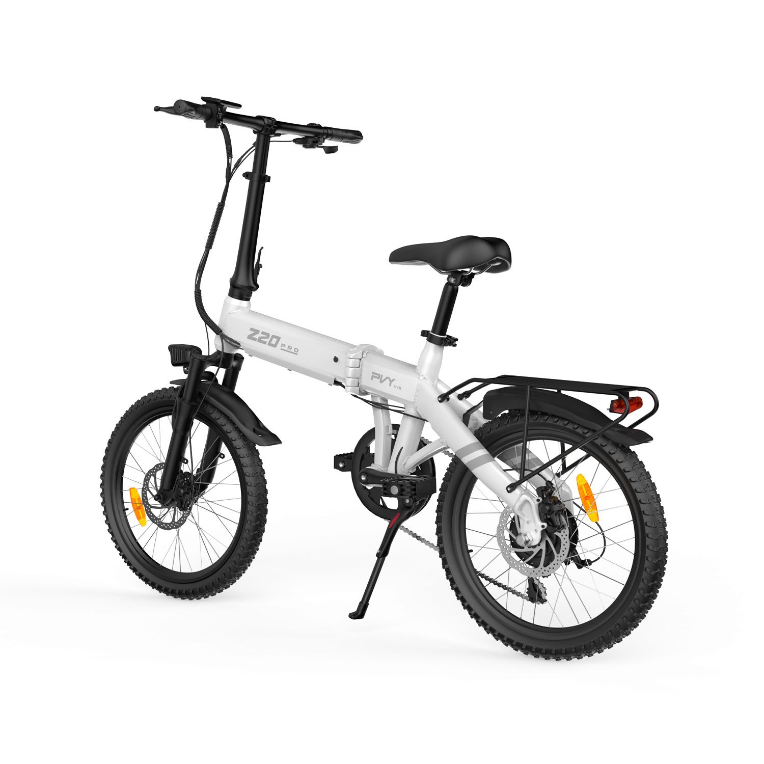 Vélo électrique pliable, blanc et noir. Logo Z20, logo PVY, porte-bagages, phare, garde-boue.