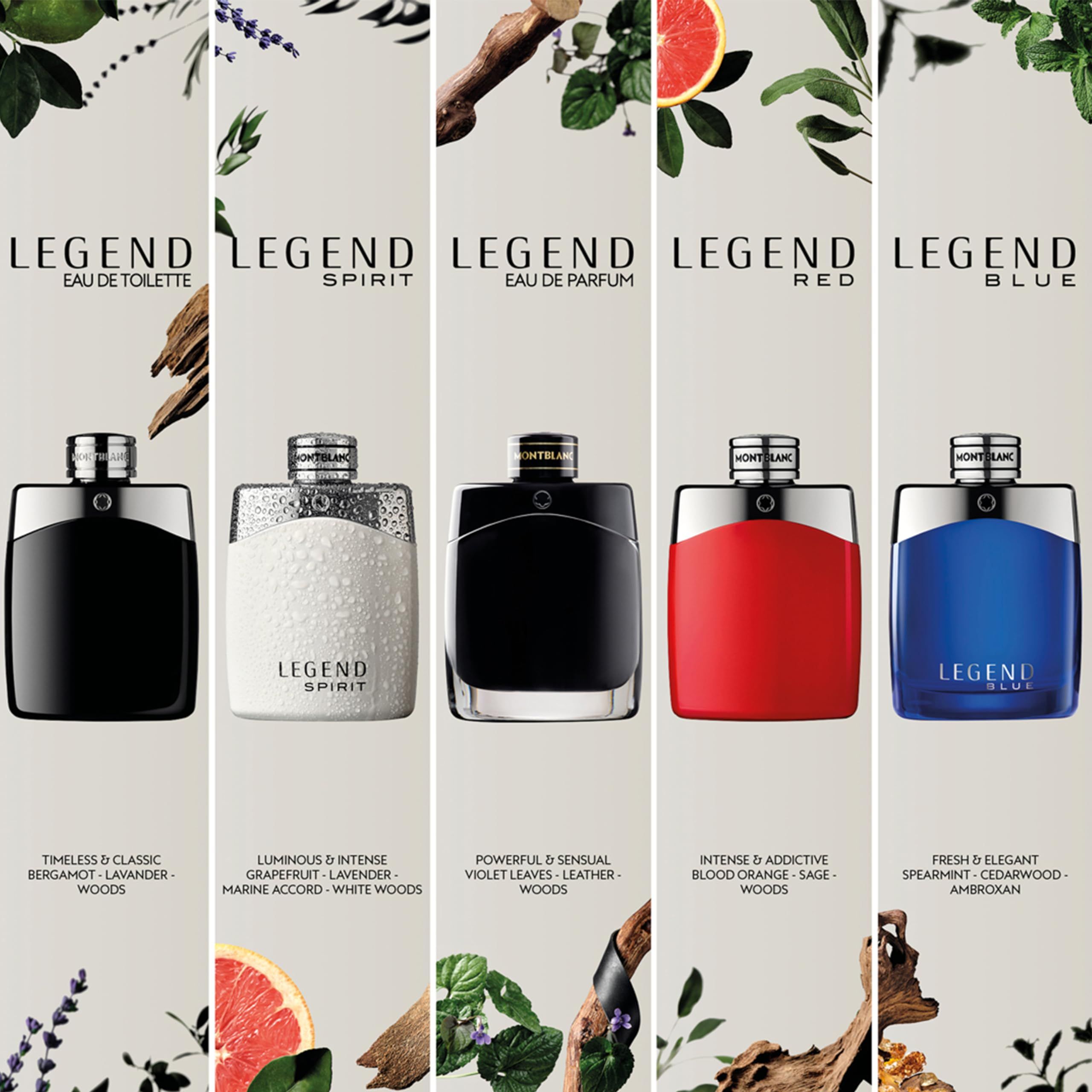 Vijf parfumflacons. Verschillende kleuren en geuren. Opschrift: Legend. Montblanc-logo. Productnamen.