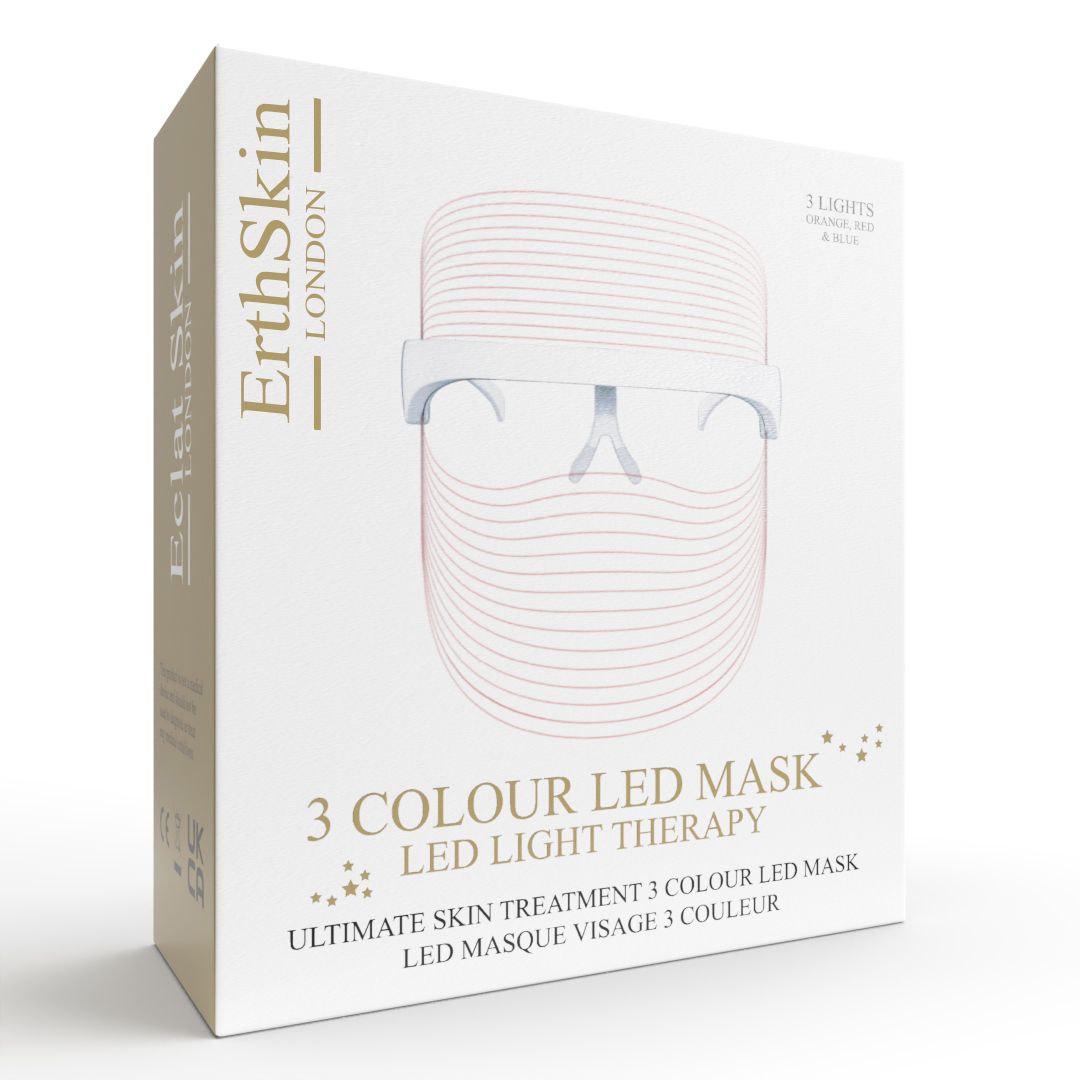 Emballage de l'ErthSkin London 3-Farben-LED-Maske. Inscription: 3 COLOUR LED MASK, LED LIGHT THERAPY. Illustration du masque.