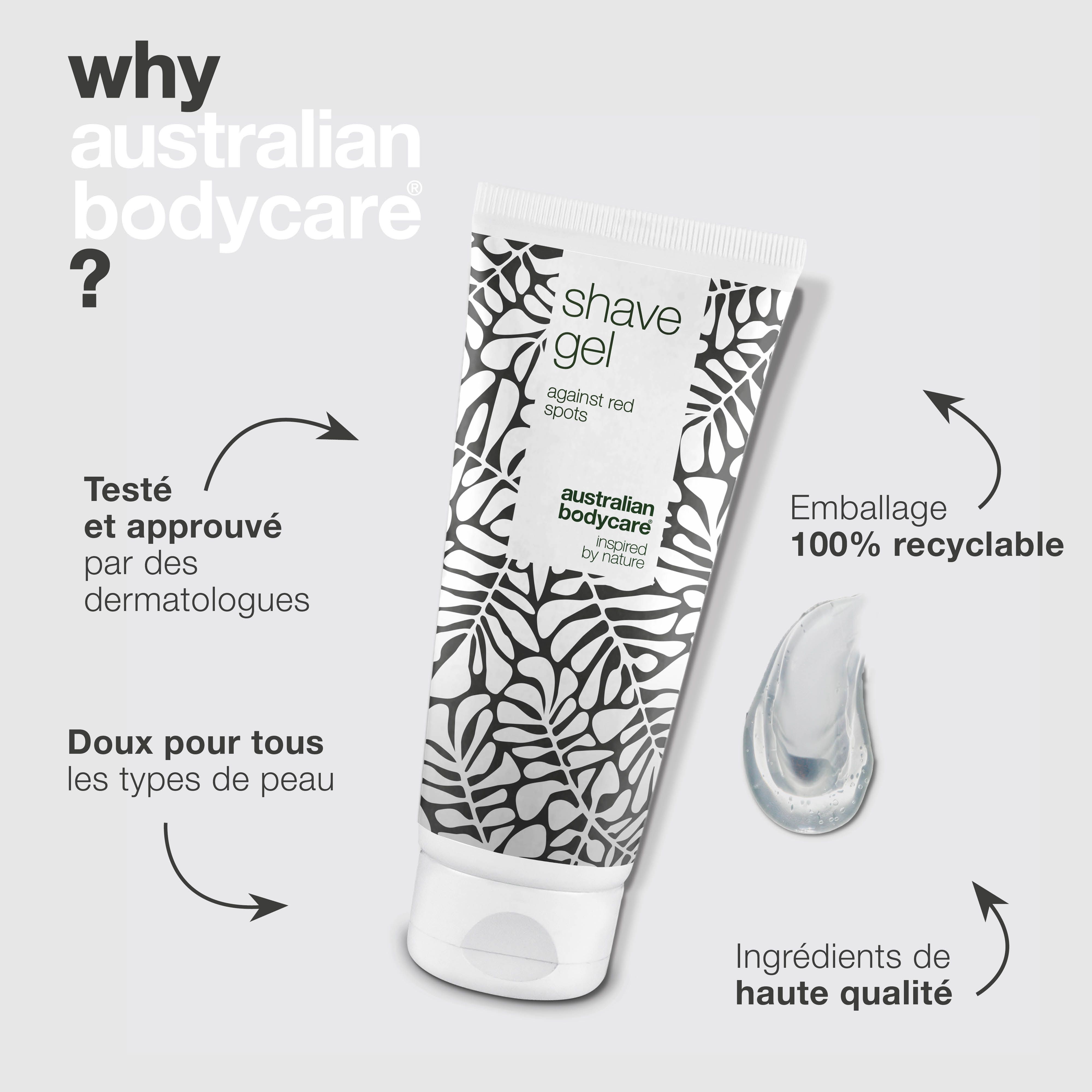 Tube de gel à raser avec texte et flèches. Inscription: shave gel against red spots. Australian Bodycare. 100% recyclable.