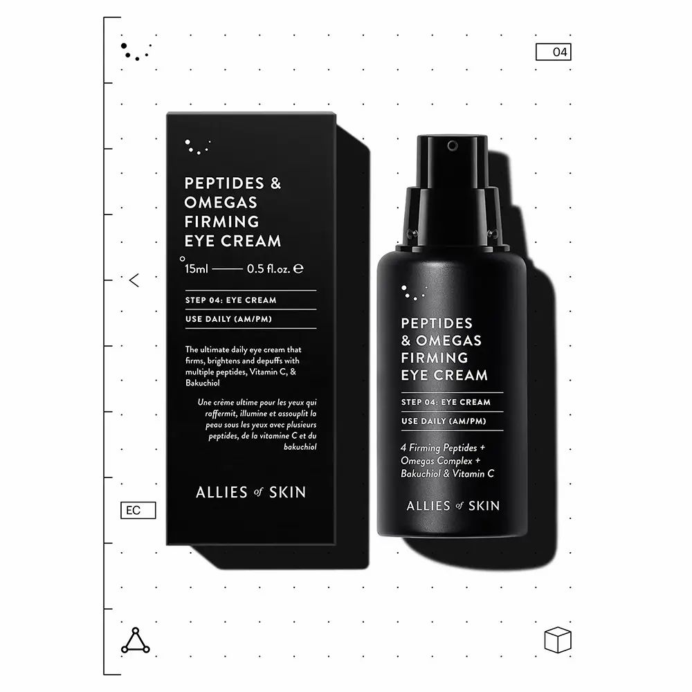 Zwarte verpakking en fles. Tekst: Peptides & Omegas Firming Eye Cream. ALLIES OF SKIN.