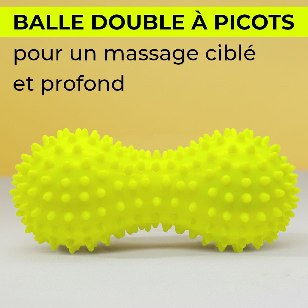 Ballon hérisson jaune en forme de double balle pour massage ciblé.
