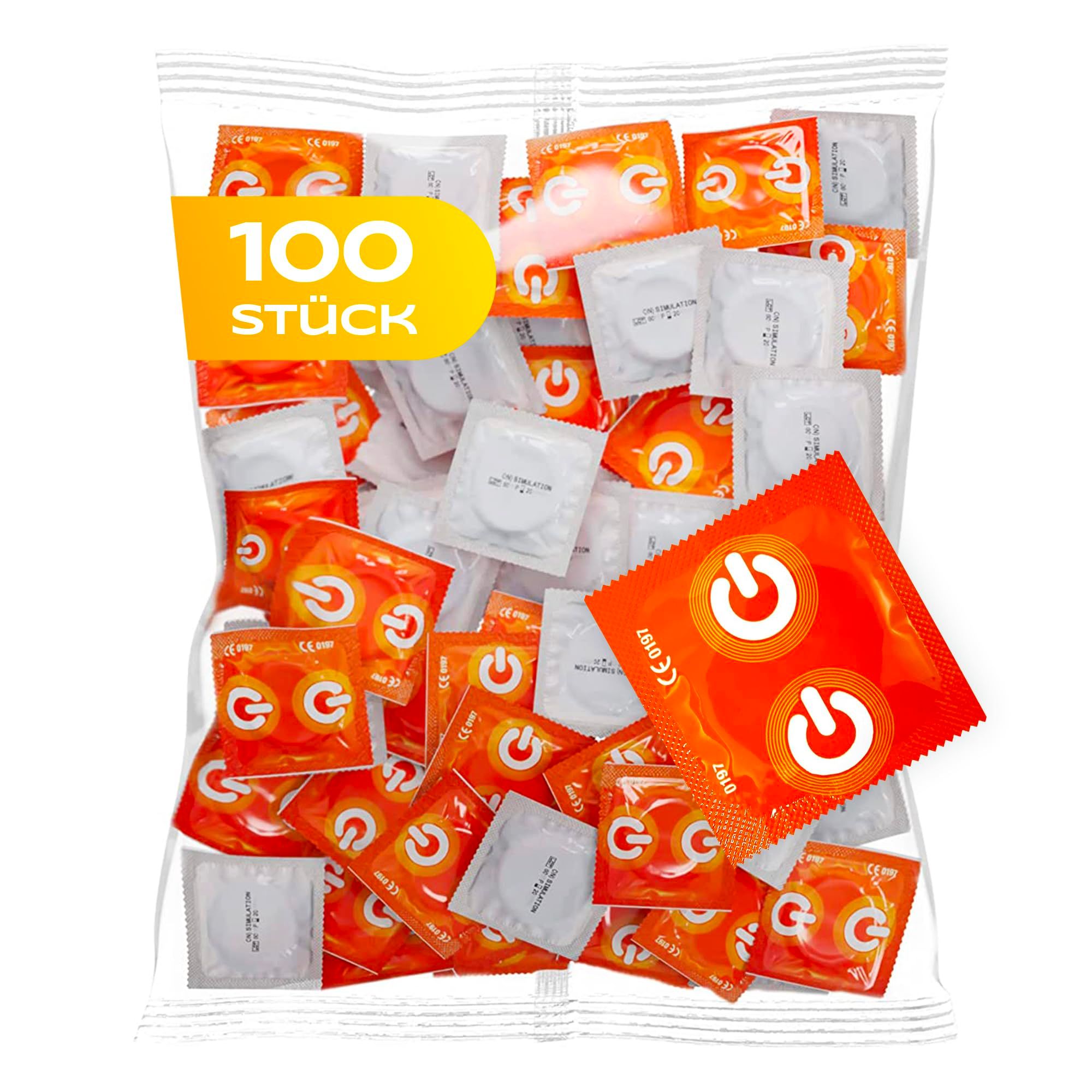 Verpakking van 100 individueel verpakte condooms, sommige met oranje opdruk.
