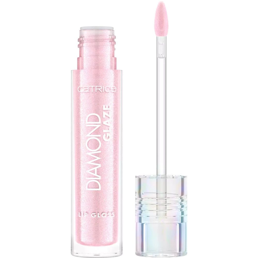 Lipglosstube met applicator. Roze inhoud. Opschrift "DIAMOND GLAZE LIP GLOSS".