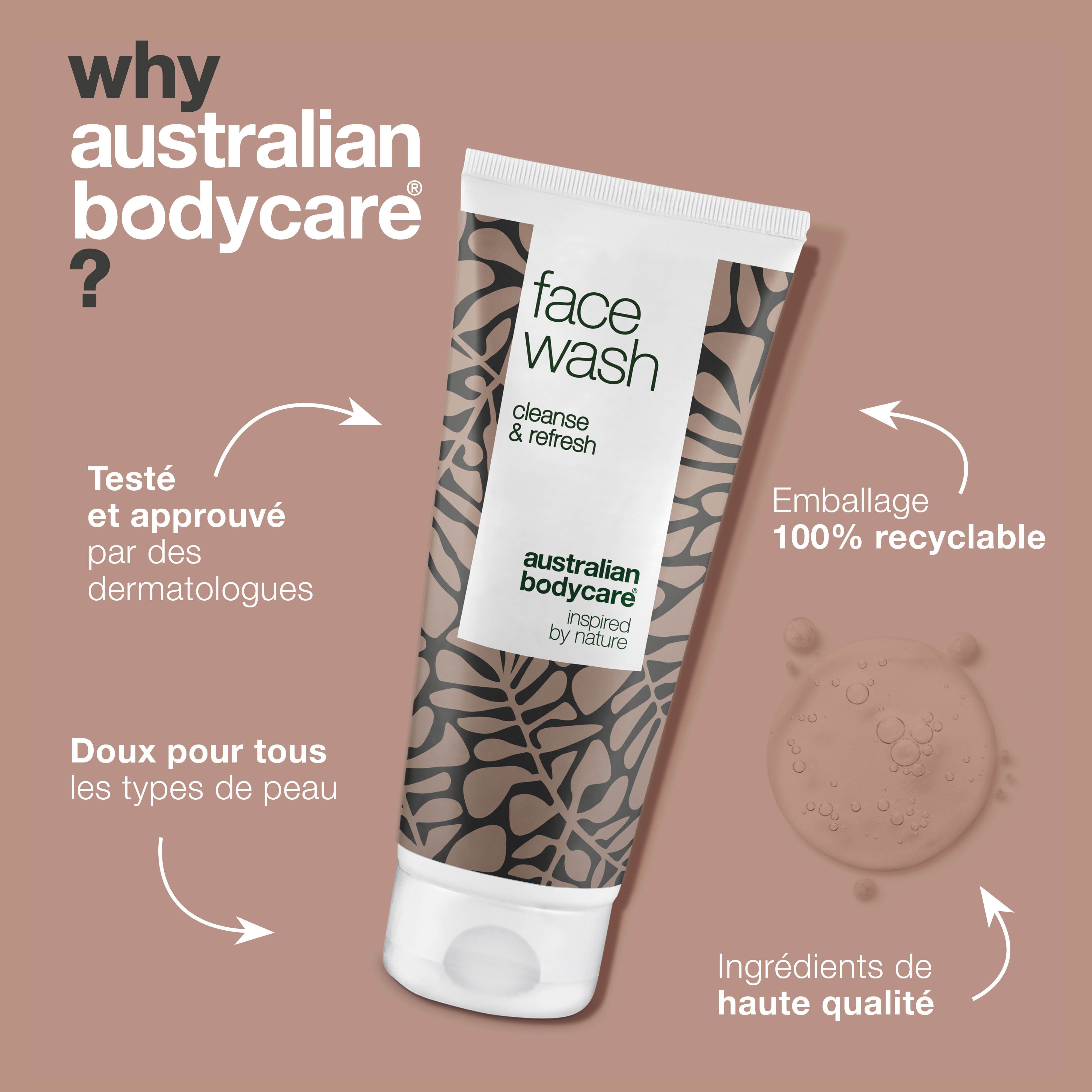 Nettoyant visage. Inscription : face wash, cleanse & refresh. Marque : Australian Bodycare.